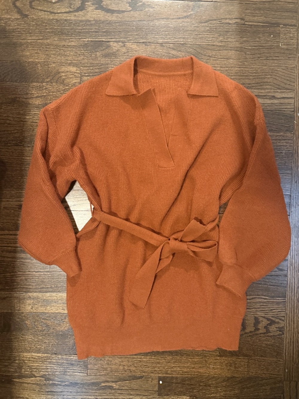 Rust Orange Womens Belted Knit Sweater